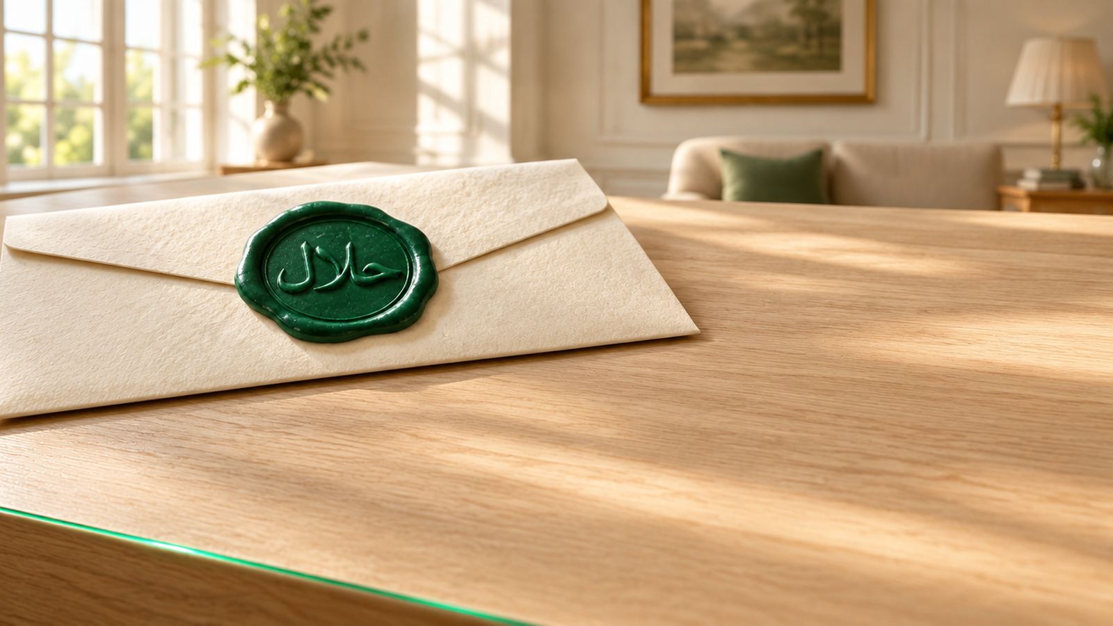 An envelope on a desk, closed with a green wax seal