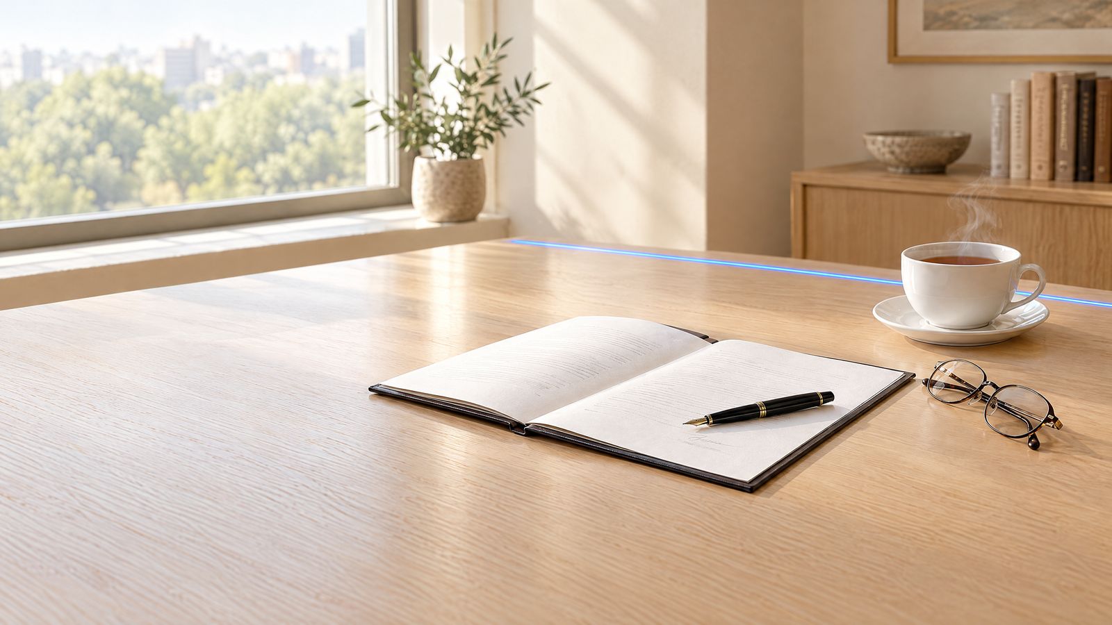 A signed agreement open on a pale oak table by a window, with a pen, folded reading glasses and a cup of tea
