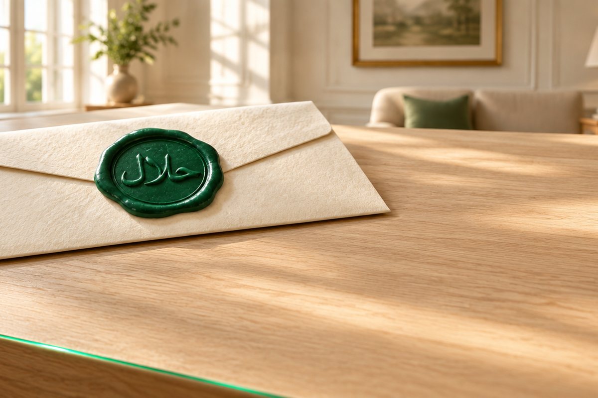 A cream envelope closed with a green wax seal reading halal in Arabic