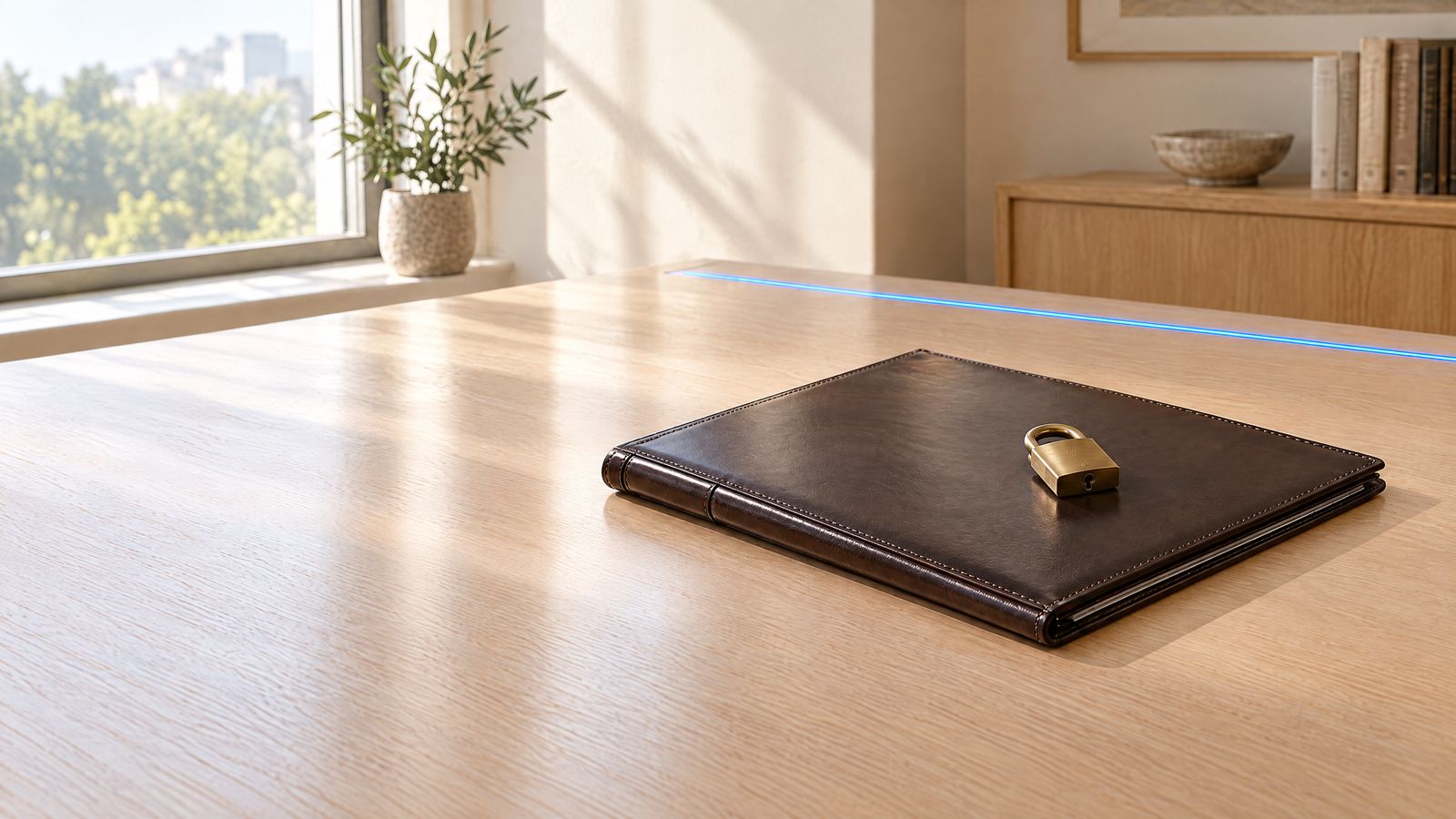 A closed leather folder with a small brass padlock on it, on a pale oak table by a window